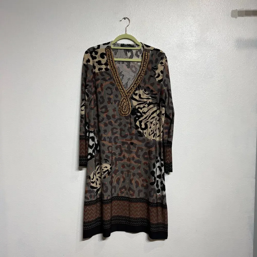 Calessa Brown Animal Print Vintage Midi Dress Sz XL - Picture 2 of 12